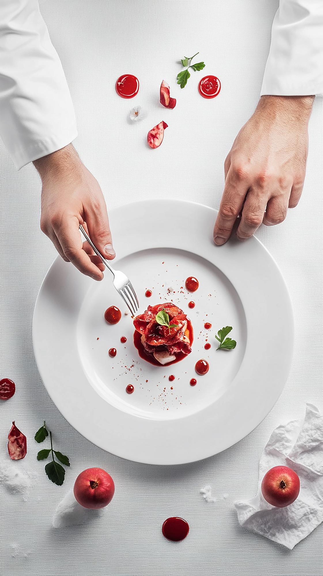 Chef arranging plated gourmet dish with gold accents